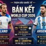 Đồ họa so sánh trước trận bán kết World Cup 2026 giữa Anh và Argentina, với ảnh các đội trưởng Harry Kane và Lionel Messi, dự đoán tỷ số Anh 2-1 Argentina, và dự đoán hơn 10 quả phạt góc