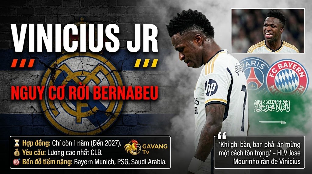 Tiền đạo Vinicius Jr đối mặt nguy cơ rời Real Madrid do bế tắc đàm phán hợp đồng - Theo dõi tin tức bóng đá mới nhất trên Gavang TV.